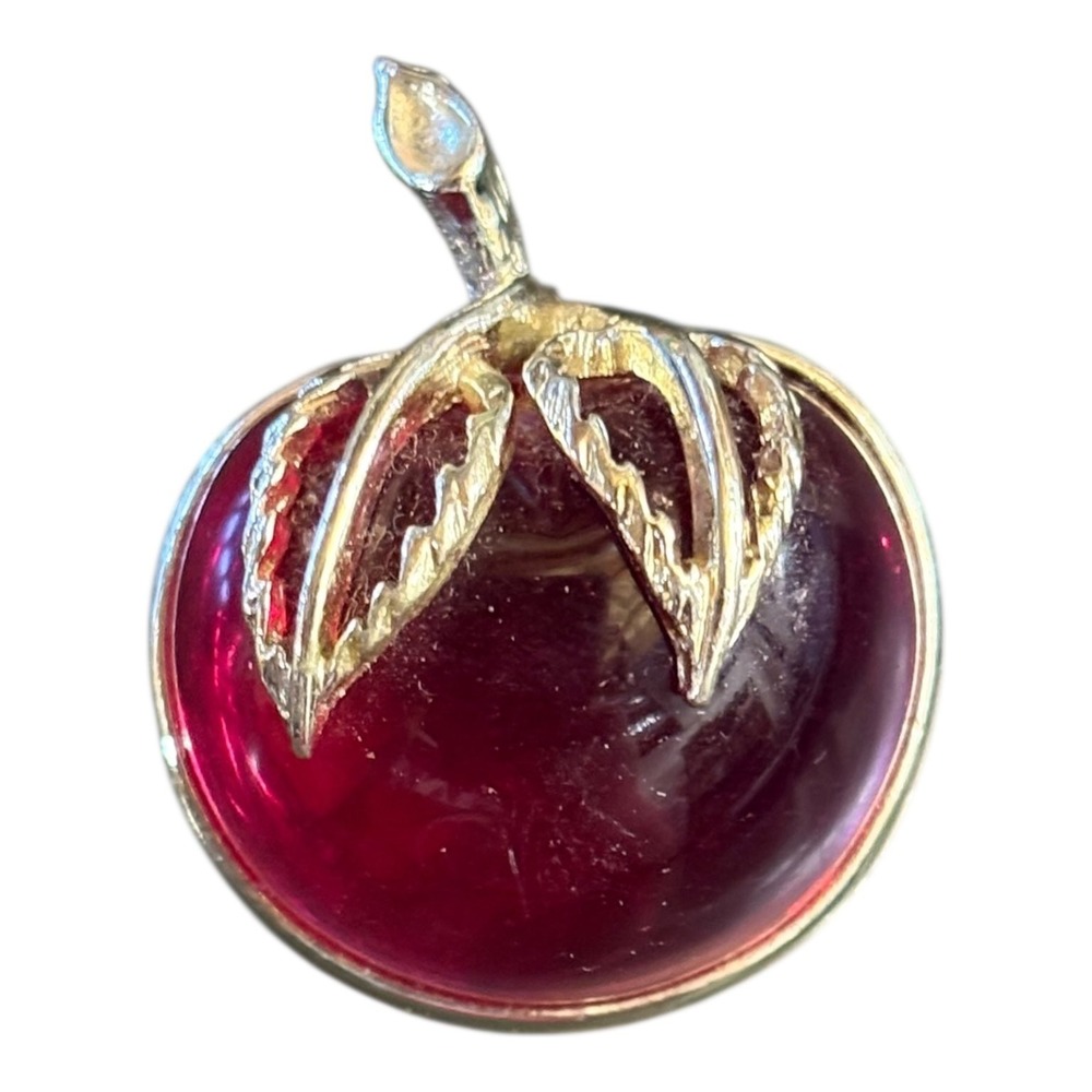 Sarah Cov Vintage Apple Brooch Gold Tone Red Glass 1.5 Inches